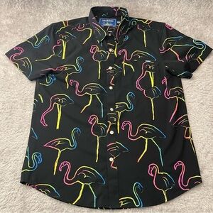 Chubbies Shirt Men Medium Black Neon Flamingo Print Short Sleeve Button Up